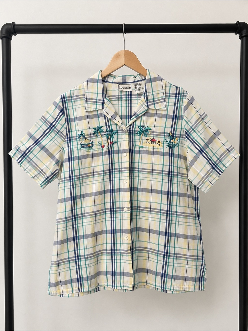 Napa Valley Tropical Embroidered Plaid Button-Up Shirt | Size Large